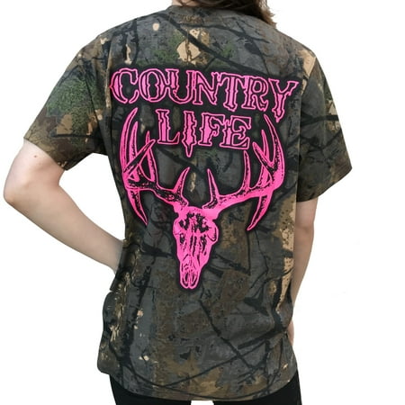 - Country Life Pink Deer Skull Tree Camo Short Sleeve Shirt (Medium)