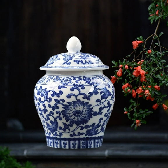 Chinese Blue White Porcelain Decorative Ginger Jar Tea Storage Jar with Lid Floral Arrangement with Fine Glaze Finish Multi Purpose