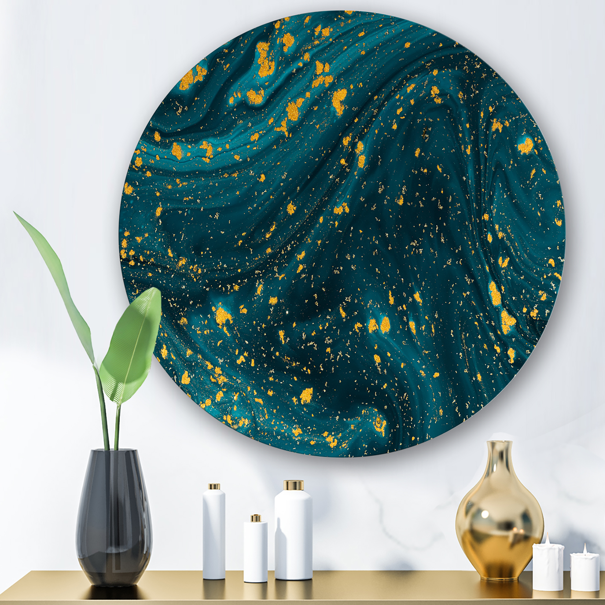Designart 'Golden Glitter With Dark Blue Marble' Modern Circle Metal Wall Art 23x23 - Disc of 23