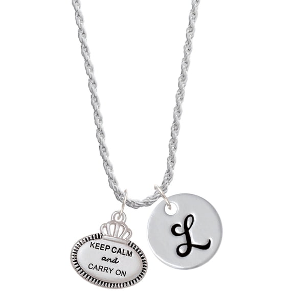 Delight Jewelry Silvertone Keep Calm and Carry On Silvertone Script Initial Disc - L - Charm Necklace, 20"+3"