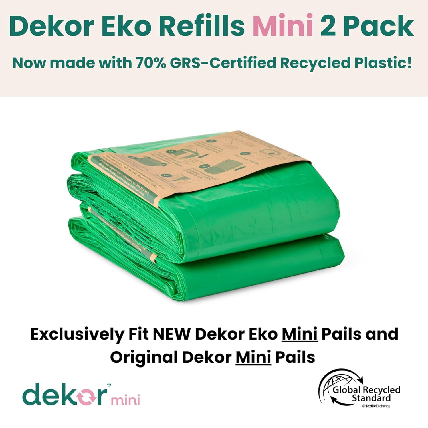 Diaper MINI Refills, 2 Count | ONLY Eco-Friendly Diaper Pail Refills Made With 70% Recycled Materials | Quicker, Easier & More Cost Effective than Trash Bags | Unscented