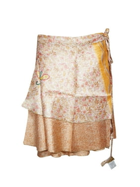 Mogul Womens Wrap Skirt Silk Sari Two Layer Vintage Magic Wrap Wraparound Mini Skirts