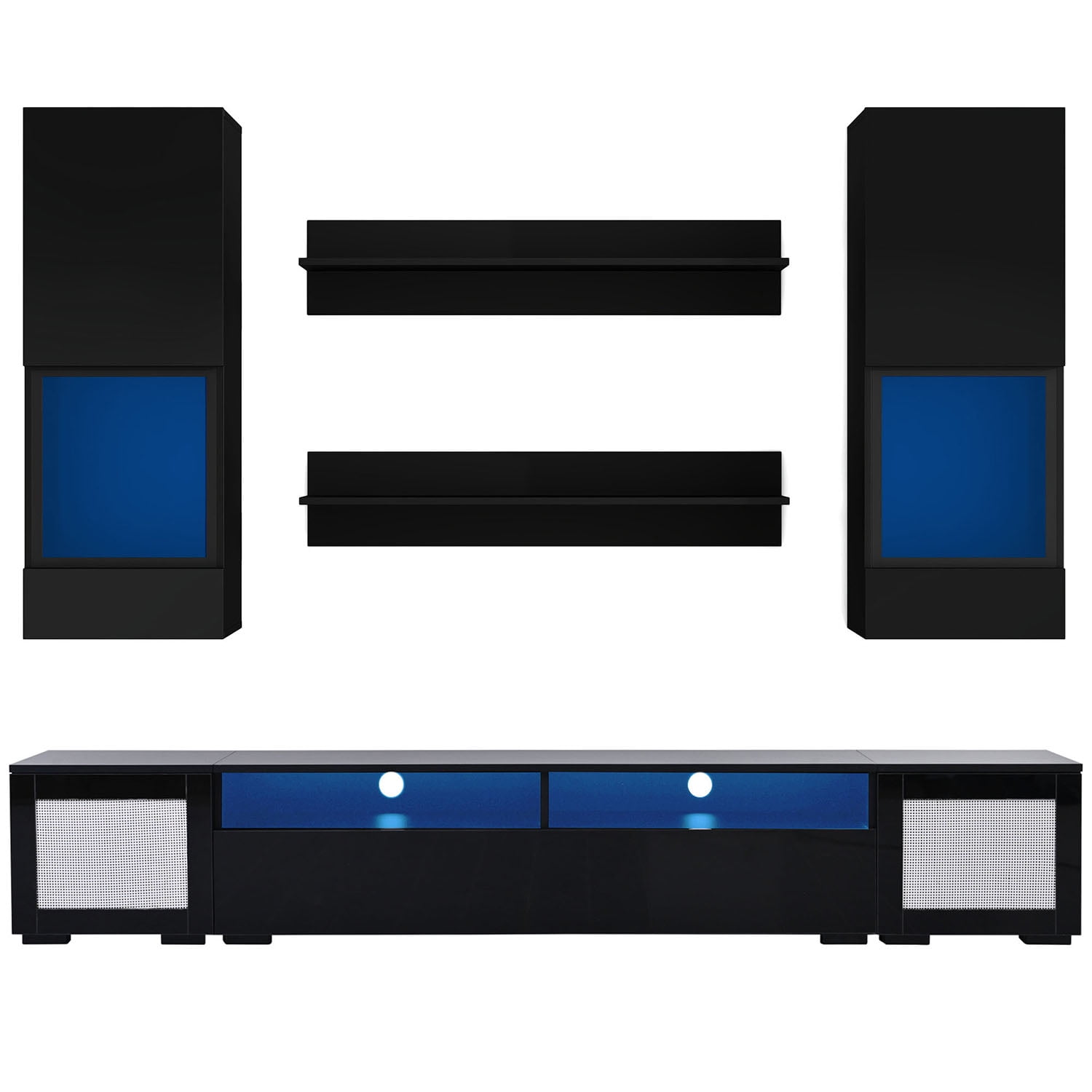Kadyn 7 Pieces Floating TV Console Table Set, Rattan TV Stand Console for TVs Up to 90”, High Gloss Wall Mounted TV Stand with Color Changing LED Lights for Home Theatre, Black
