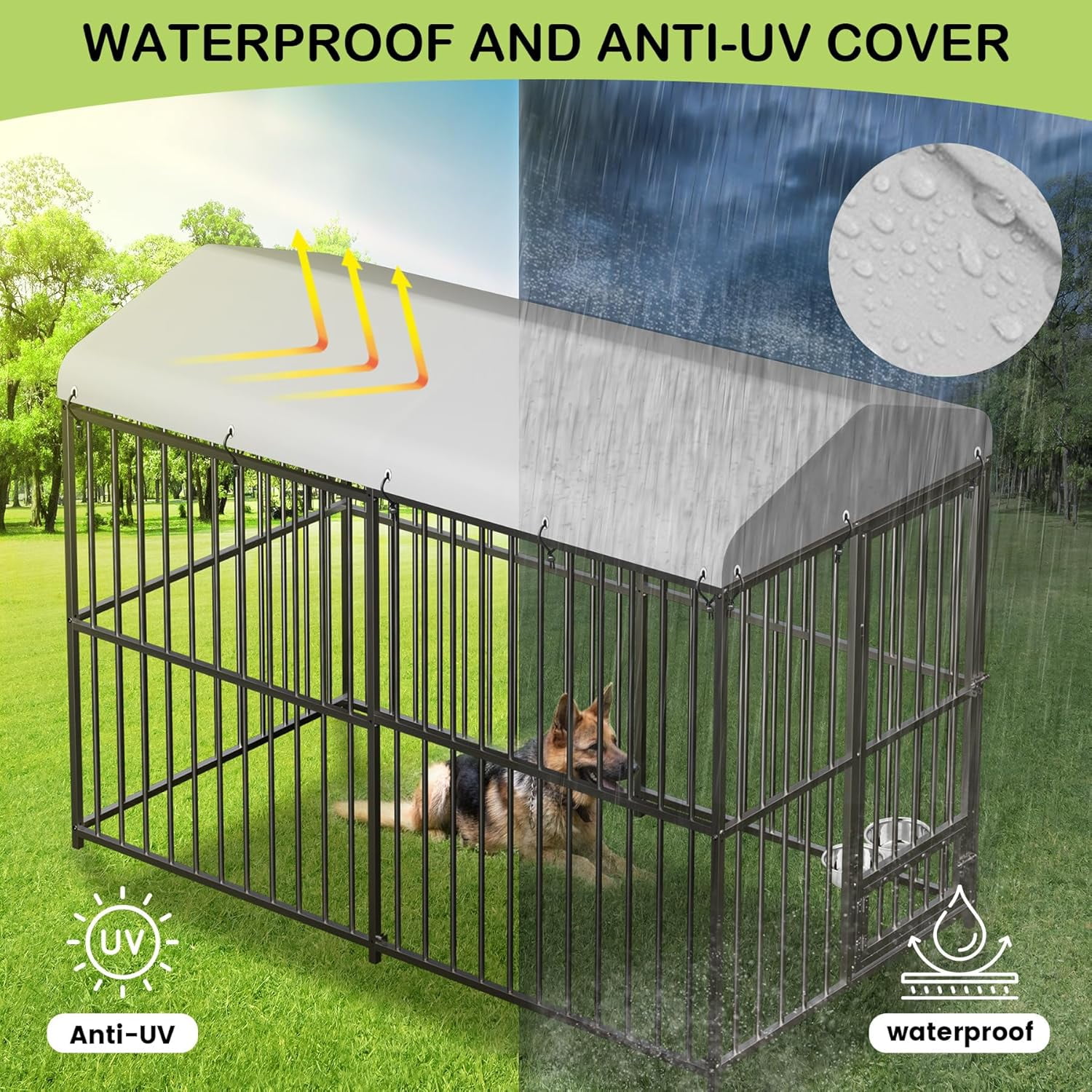 M optimized 8x4FT Dog Kennel Outdoor Dog Enclosures Heavy Duty Dog House with 2 Stainless Bowls, Feeding Door, Waterproof Roof Cover & Secure Lock, Metal Dog Playpen Fence