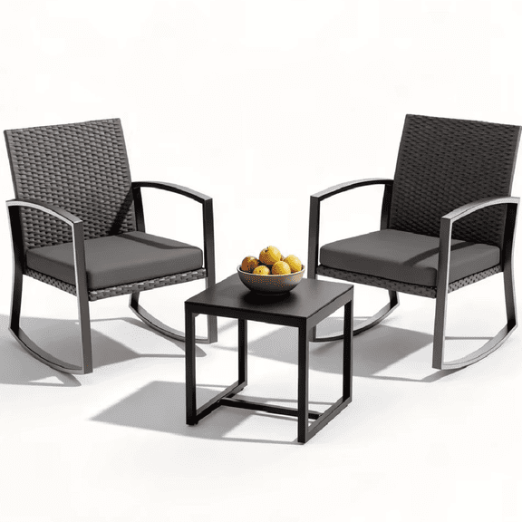 Rocking Patio Bistro Sets - All-Weather - 3 Piece Rattan Conversation Furniture Set, Wicker Outdoor Front Porch Chair for Balcony, Porch, Garden, Backyard, Poolside,Medium Gray