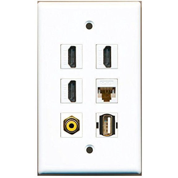 RiteAV - 3 HDMI 1 Port RCA Yellow 1 Port USB A-A 1 Port Cat6 Ethernet White Wall Plate