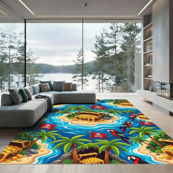 ODIKA 4' x 6' Machine Washable Non-Slip Area Rug, beachy print High Traffic Rug, Blue, 1180542