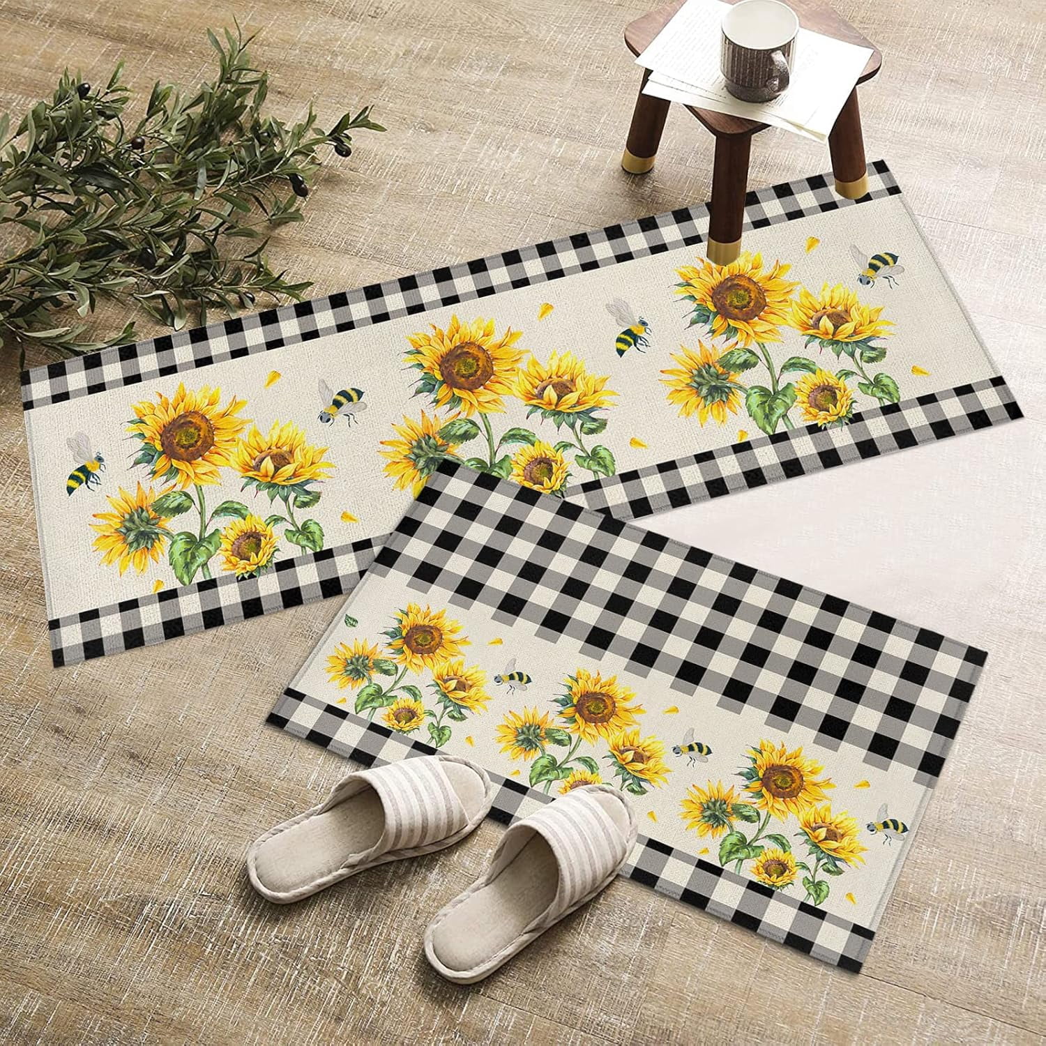 Vintage Kitchen Rugs and Mats Set of 2, Farm Sunflowers Blossoms Floral Non-Slip Floor Doormat Comfort Area Runner Rug and Mat, Black Beige Buffalo Check Indoor Entrance Carpet Home Decor