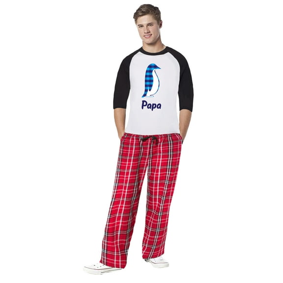 Matching Family Christmas Pajamas Men's Blue Gingham Penguin 2-Piece Pajama Set