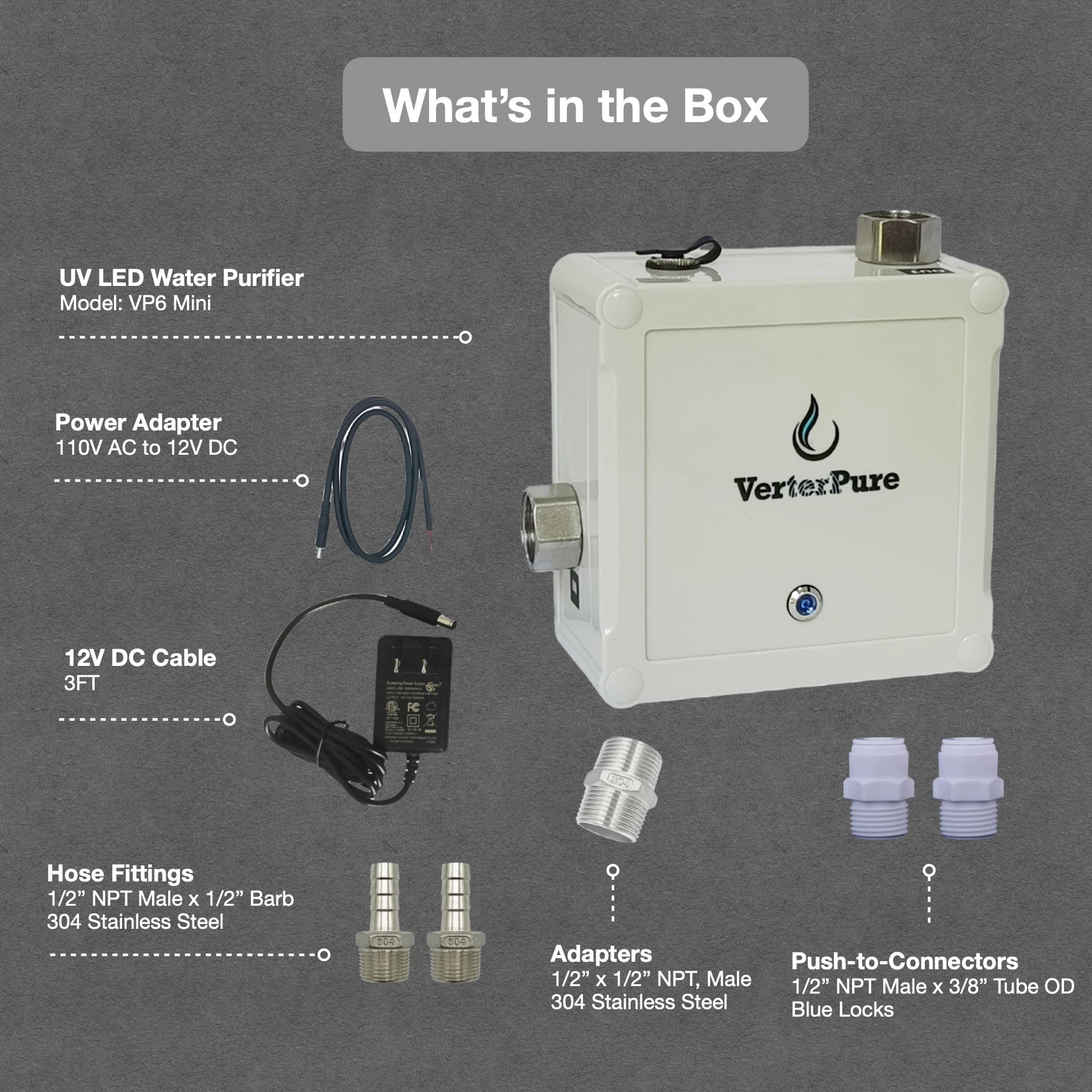 VerterPure VP6 Mini UV-C LED Ultraviolet Automatic Shut Off Under-Sink Filtration System