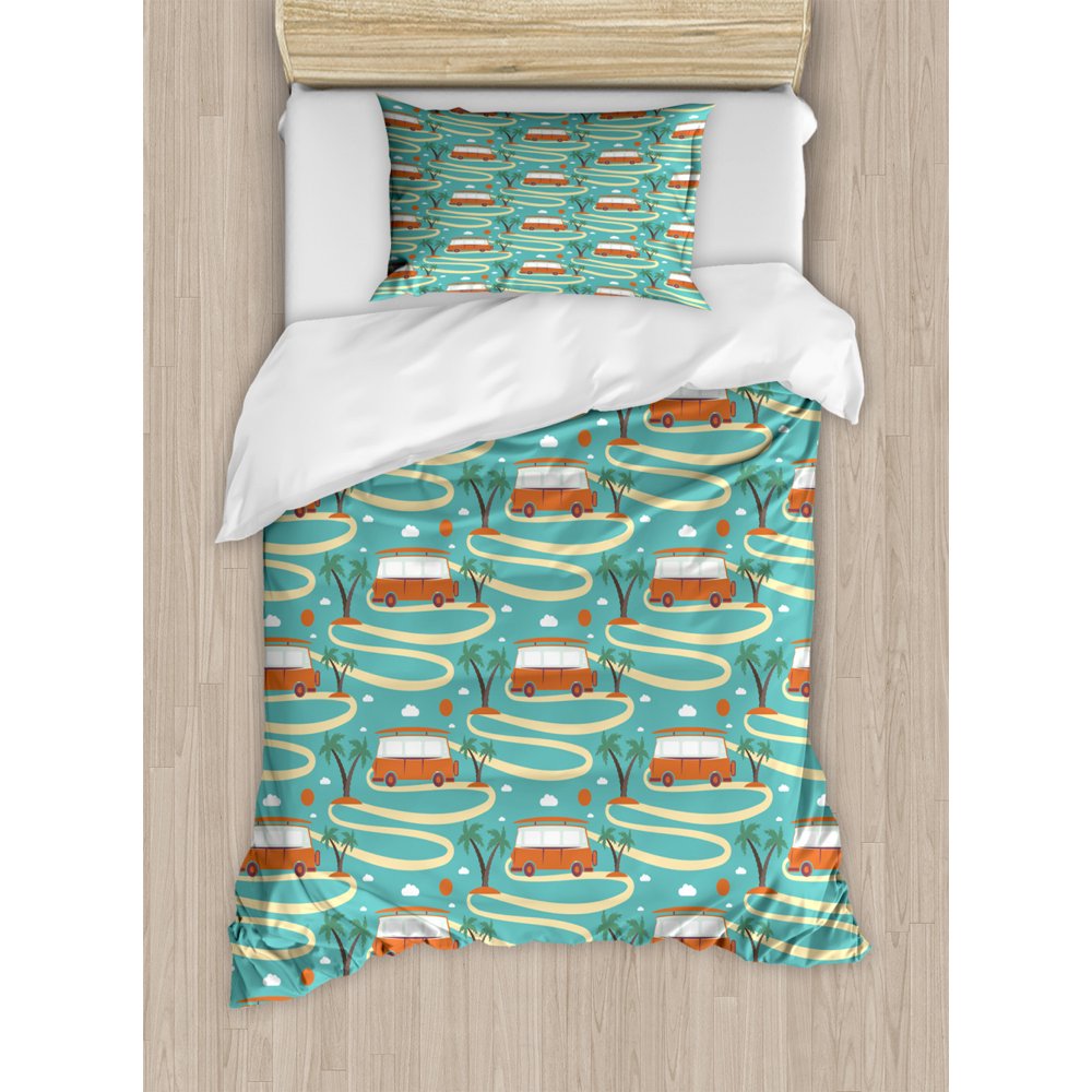 Happy Camper Duvet Cover Set Twin Size, Pattern of Sun Palms and Van on