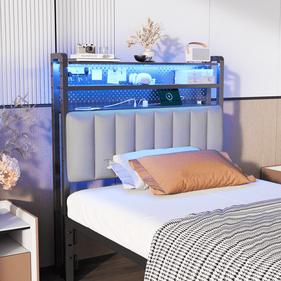 Ktaxon Linen Upholstered Headboard Twin Size, Adjustable Height Headboard with 2-Tier Storage, Charging Station & LED Light, Gray