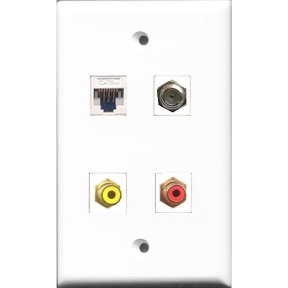 RiteAV - 1 Port RCA Red and 1 Port RCA Yellow and 1 Port Coax Cable TV- F-Type and 1 Port Cat5e Ethernet White Wall Plate