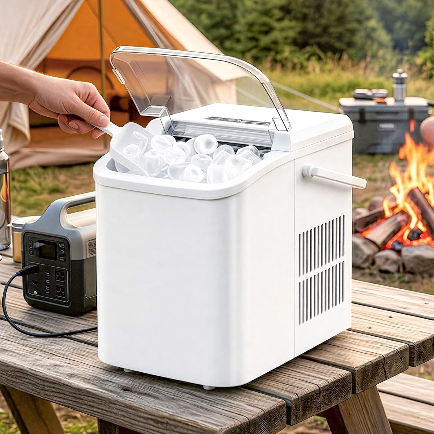 Ice Maker, Portable Ice Makers Countertop with Handle, Basket & Scoop, 26Lbs/24Hrs, 9 Bullet Ice Cubes in 6 Mins, 2 Ice Sizes, Self-Cleaning, Compact Ice Machine for Home Kitchen Party, White