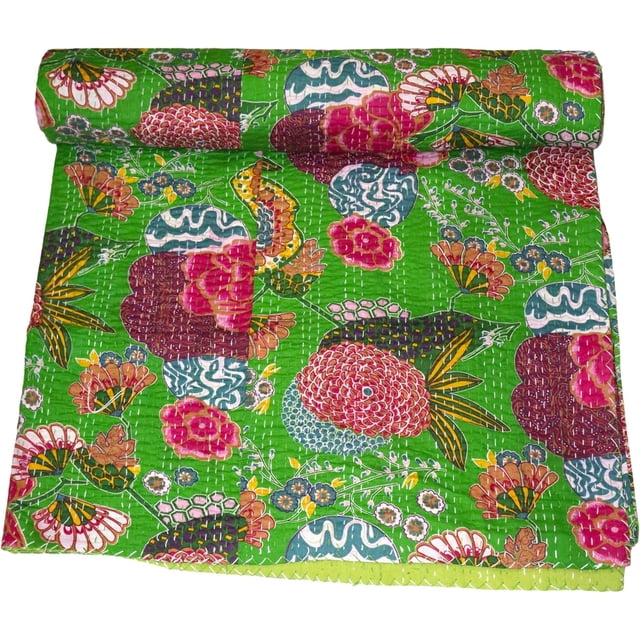 Indian Handmade Floral Print Kantha Quilt, Bedspread , Blanket Size ( King 108" x 108" )