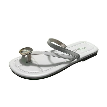 OJSFQUFP Women Shoes Casual Ladies Fashion Summer Solid Leather Metal Buckle Decorative Toe Flat Bottom Sandals Soft Slippers for Women Silver 37