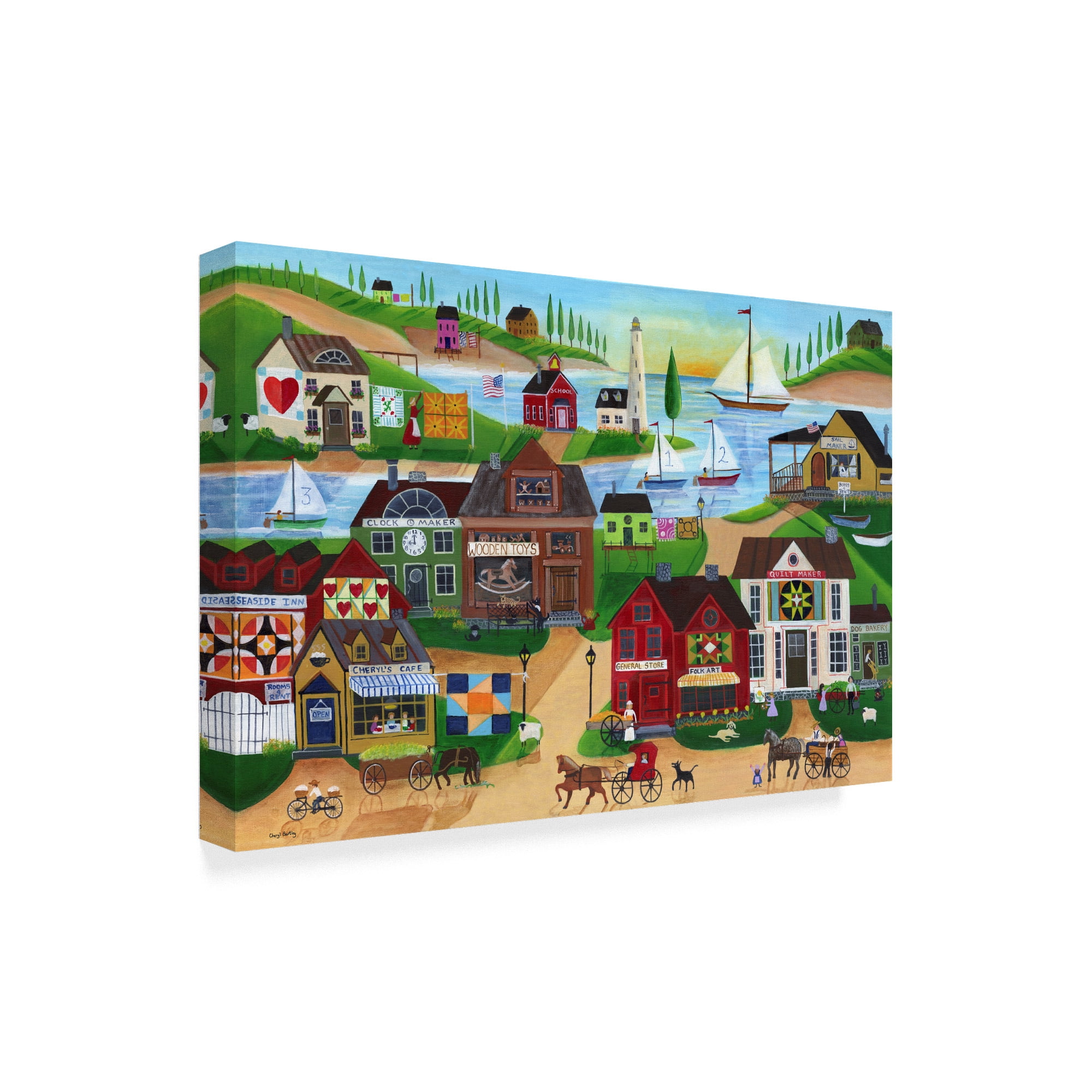 Trademark Fine Art 'Seaside Village With Wooden Toy Maker Sail Boats' Canvas Art by Cheryl Bartley
