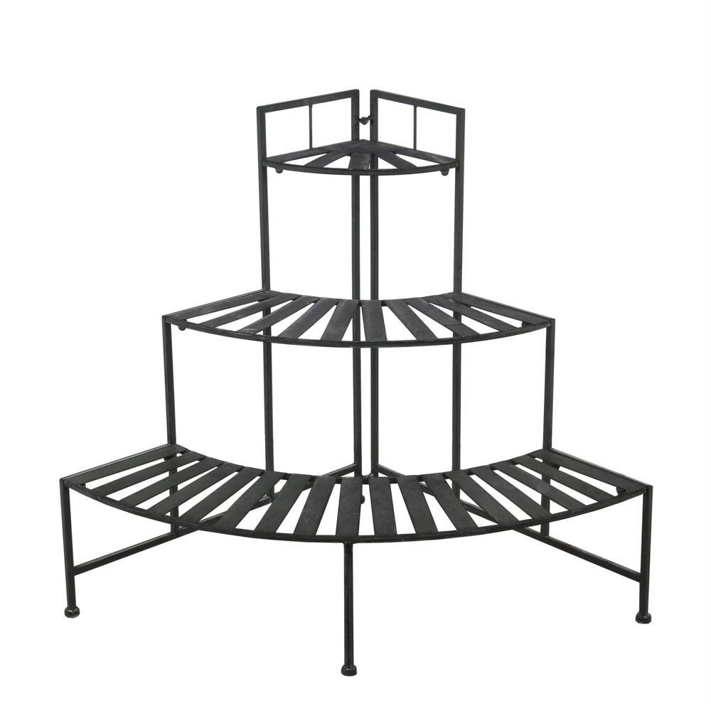 Slatted Design Adjustable 3 Tier Metal Plant Stand, Black