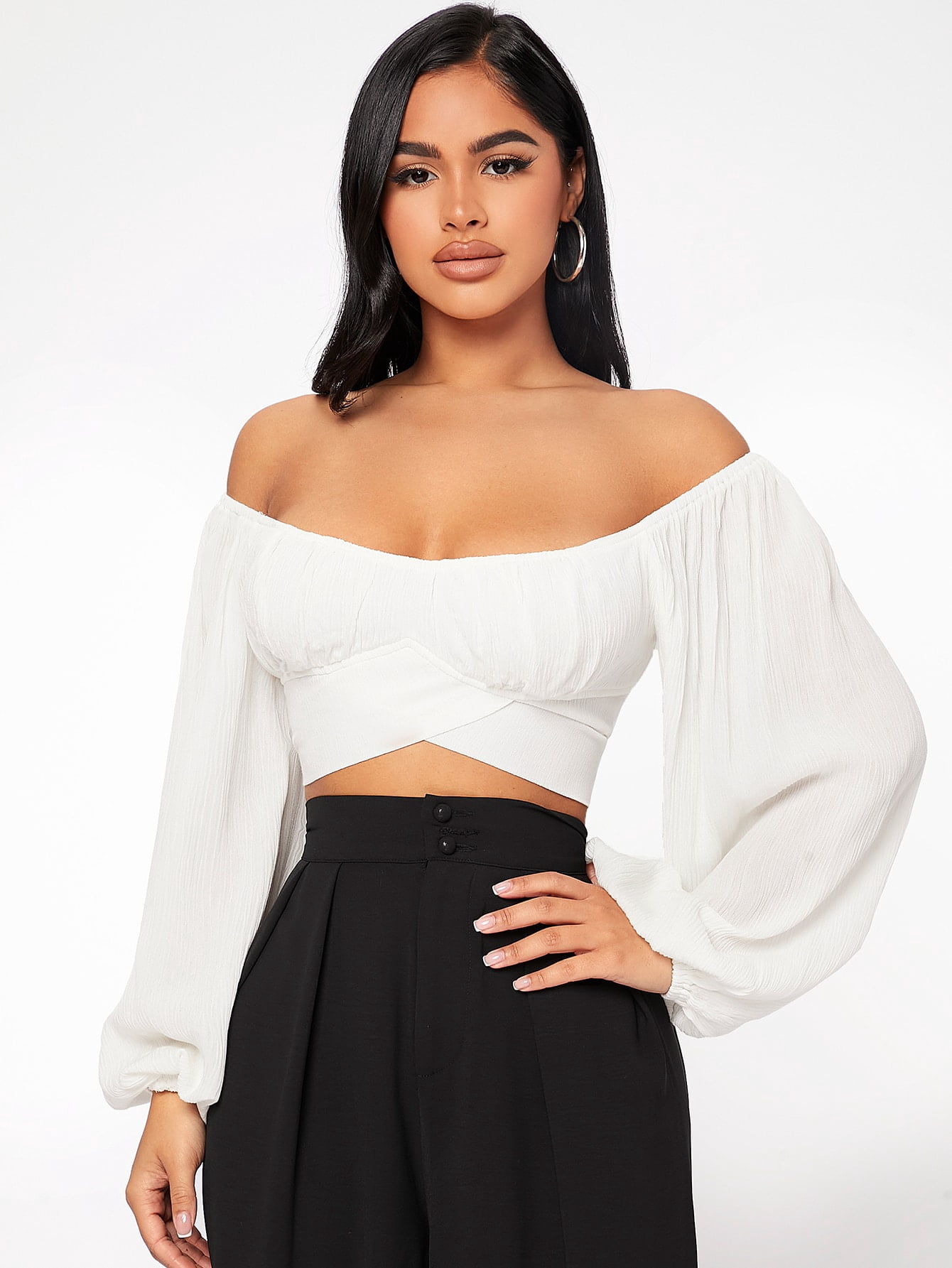 Women's Off Shoulder Lantern Sleeve Ruched Bust Crop Top 2022 White