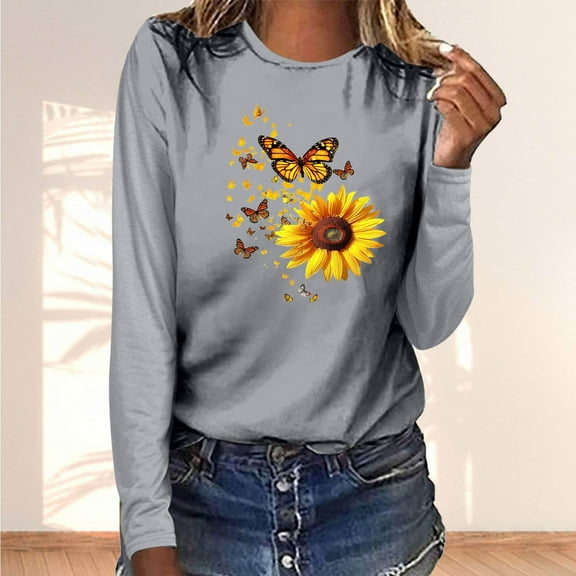Byworldtasic Women's Oversize Long Sleeve Tops Women's Soft Breathable Lightweight Round Neck Blouses 3/4 Length Sleeve Pullover Tops Sunflower and Butterfly Prints T-shirt Gray