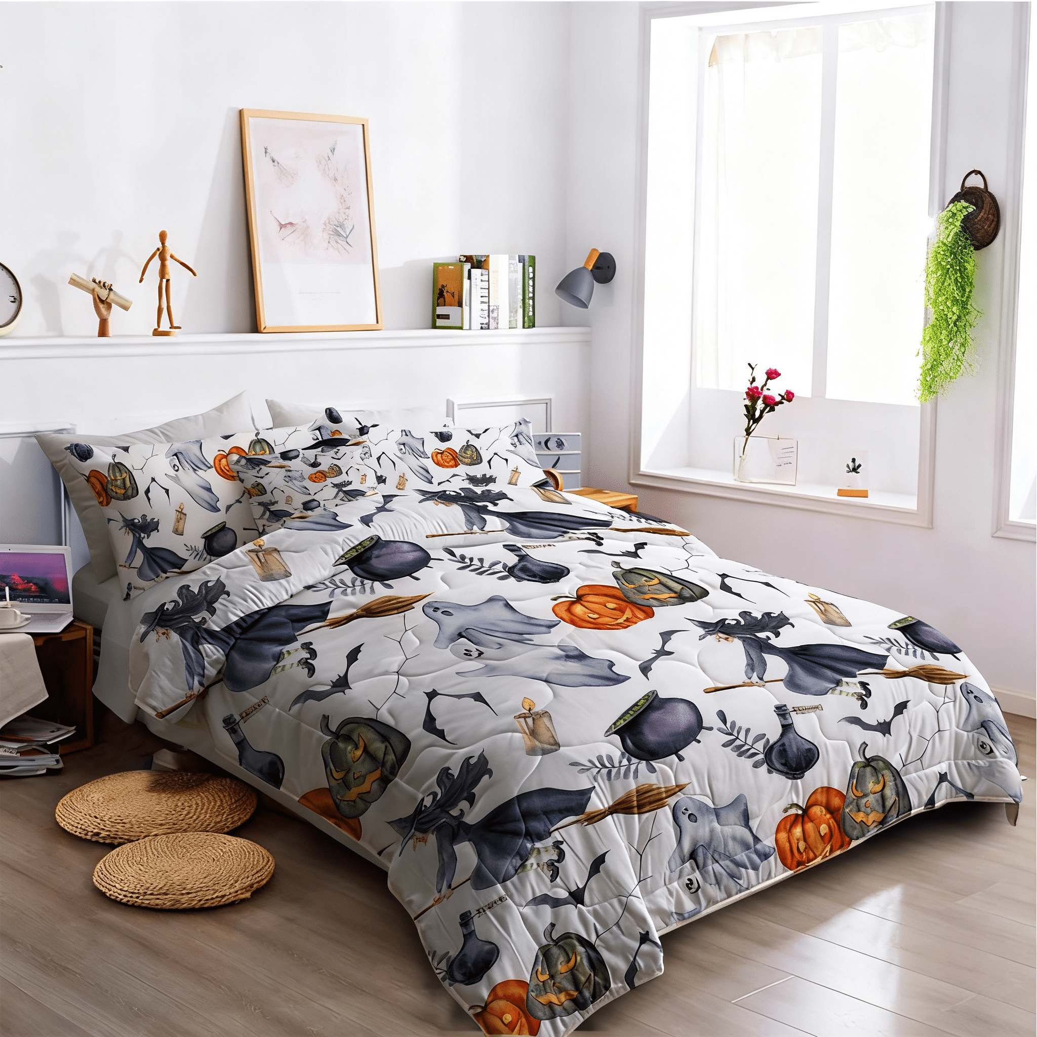 8-Piece Halloween Comforter Set Witch Pattern Bed-in-a-Bag with Sheet Shams Cushion Covers