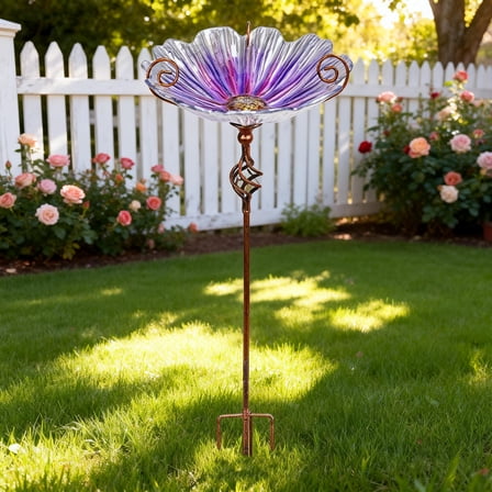 Outdoor Bird Bath,Flower-Shaped Glass Bird Bath, Metal Stand,Decorative Outdoor Garden Bird Feeder for Attracting Birds,Purple