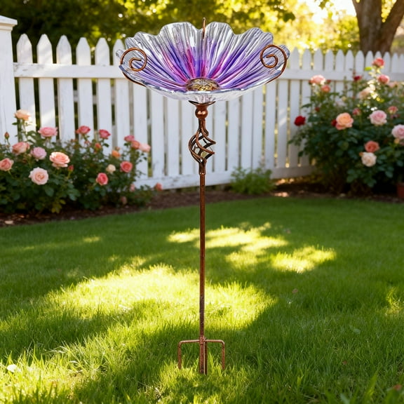 Outdoor Bird Bath,Flower-Shaped Glass Bird Bath, Metal Stand,Decorative Outdoor Garden Bird Feeder for Attracting Birds,Purple