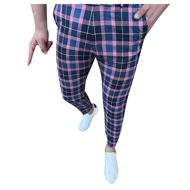 SHIXIAOO Mens Fashion Casual Plaid Printed Pocket Zipper Button Feet Pants Suit Pants