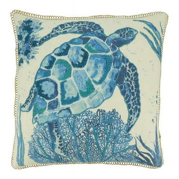 Saro Lifestyle 7127.NB20SP 20 in. Poly Filled Sea Turtle Throw Square Pillow, Navy Blue