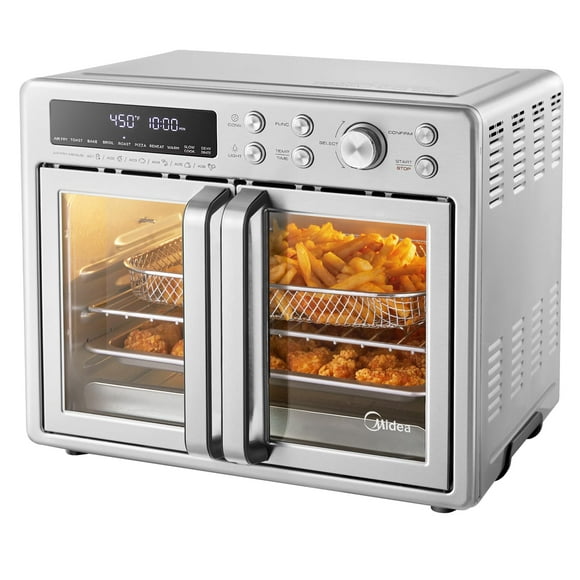 Midea Flexify - Fridora de aire para horno tostador de puerta francesa, 26.4 cuartos de galón, freidora de aire extragrande, combo 10 en 1, 25% más rápida de cocción y 90% menos de aceite, acero