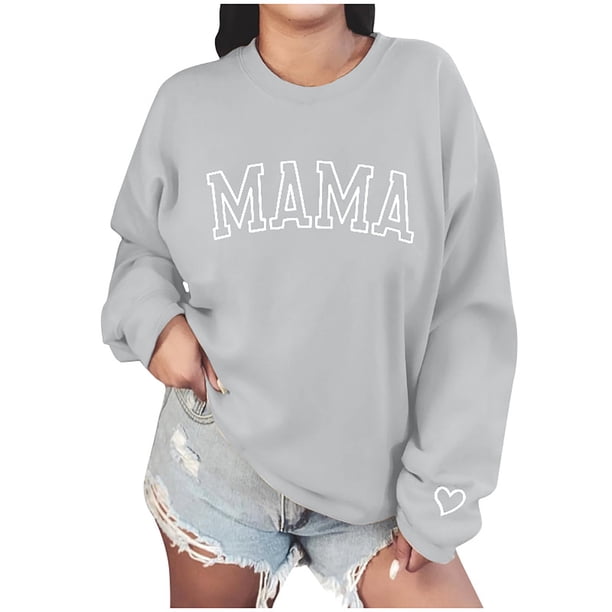 Sudaderas Penkiiy Mama para mujer Sudadera crewneck de gran tamaño holgada Suéter de manga larga para el Día de la Madre XL Gris