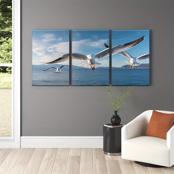 Wall Décor, 2Dflat, 2D Flat, 3pcs Set 2D Flat Flying Seagull Wall Art Canvas Triptych Prints, Ocean Bird Scenery, Living Room Bedroom Office Modern Coastal Home Decor, Unframed Seaview Art Paintings