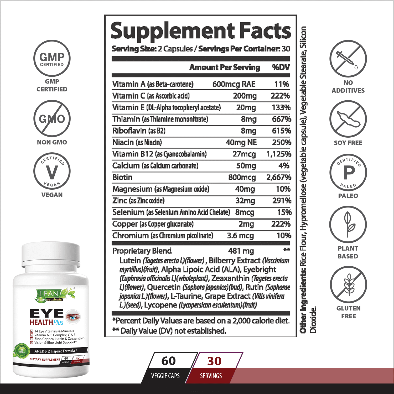 LEAN Nutraceuticals Eye Health Plus with Vitamins A B C E, Lutein, Zeaxanthin, Zinc, Bilberry - 60 Capsules