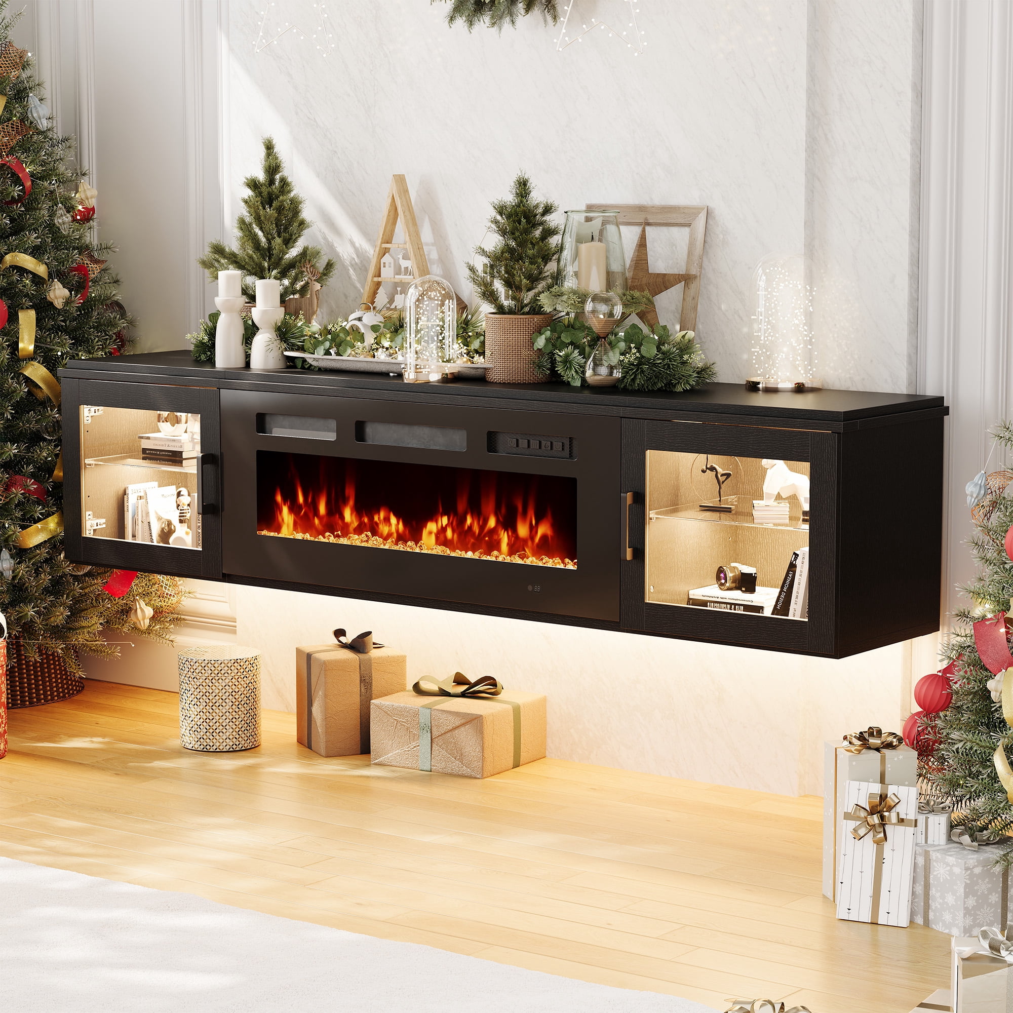 BaPiPro 70" Floating TV Stand for TVs up to 80", Wall Mounted Entertainment Center with 36" Electric Fireplace Heater, LED Lights, Black