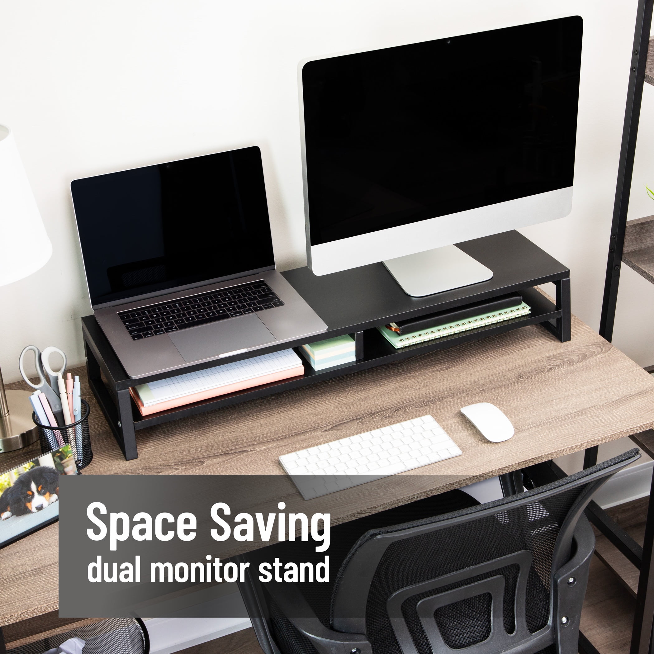 Mind Reader 2-Tier MDF Double Monitor Stand, Dual Screen Riser with Storage Shelf, Black