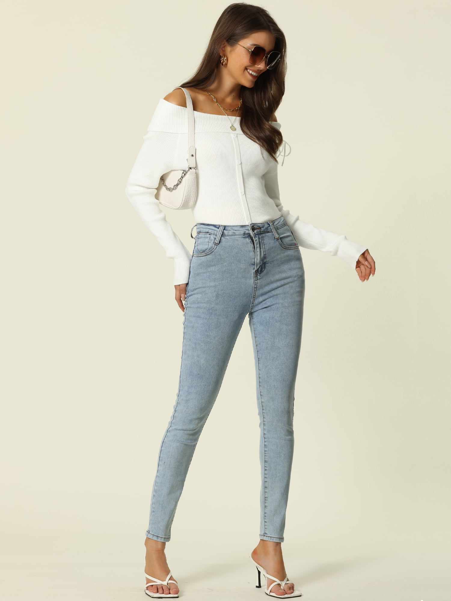 Unique Bargains Women's Off Shoulder Ribbed Knit Long Sleeve Solid Sweater Pullover Top M White