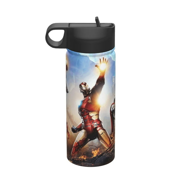 Iron Man Water Bottle with Straw Lid 18Oz Stainless Steel Vacuum Insulated Wide Mouth Water Bottles Cup for Boys Girls