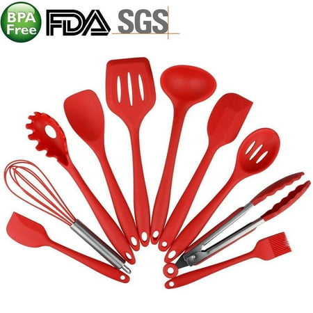10-Piece Silicone Cooking Set Red- Spoons, Turners, Spatula & 1 Ladle Etc - Heat Resistant Kitchen Utensils - Easy to