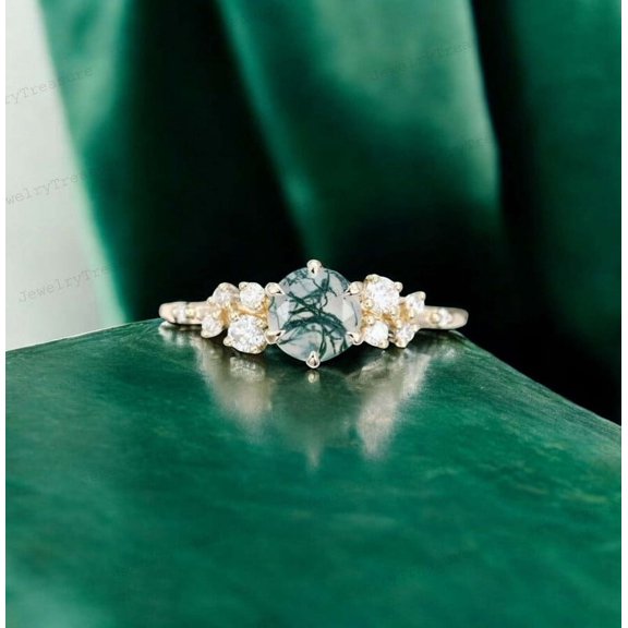 JEWELRYTREASURE Natural Moss Agate Bridal Ring / Moissanite Cluster Ring / Art deco Statement Gift
