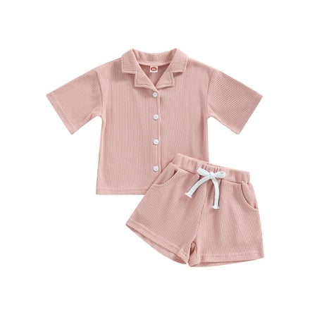

IZhansean 2Pc Toddler Baby Girl Boy Summer Clothes Waffle Knit Short Sleeve T-Shirt Elastic Waist Shorts Outfits Pink 18-24 Months