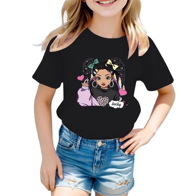 PMVFHDE Hauts à Manches Courtes pour Fille Hauts Mignons pour Fille Hauts d'Été Tendance pour Filles Robe T-Shirt Tendance pour Filles T-Shirt Graphique Mignon à Col Rond Manches Courtes T-Shirt Décontracté d'Été Noir, 8-9 Ans