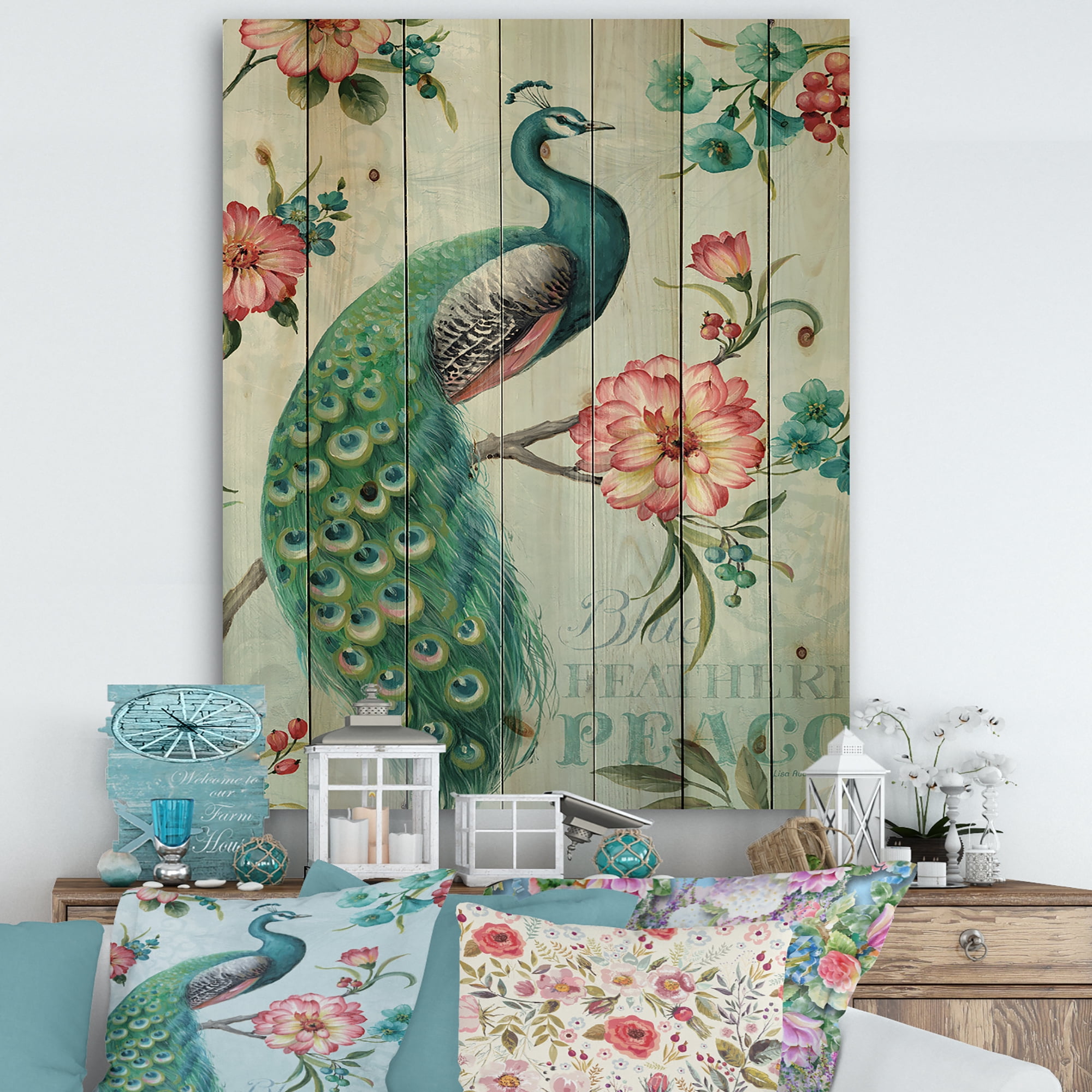 Designart 'Peacock On Flowers Branch' Floral and botanical Print on Natural Pine Wood