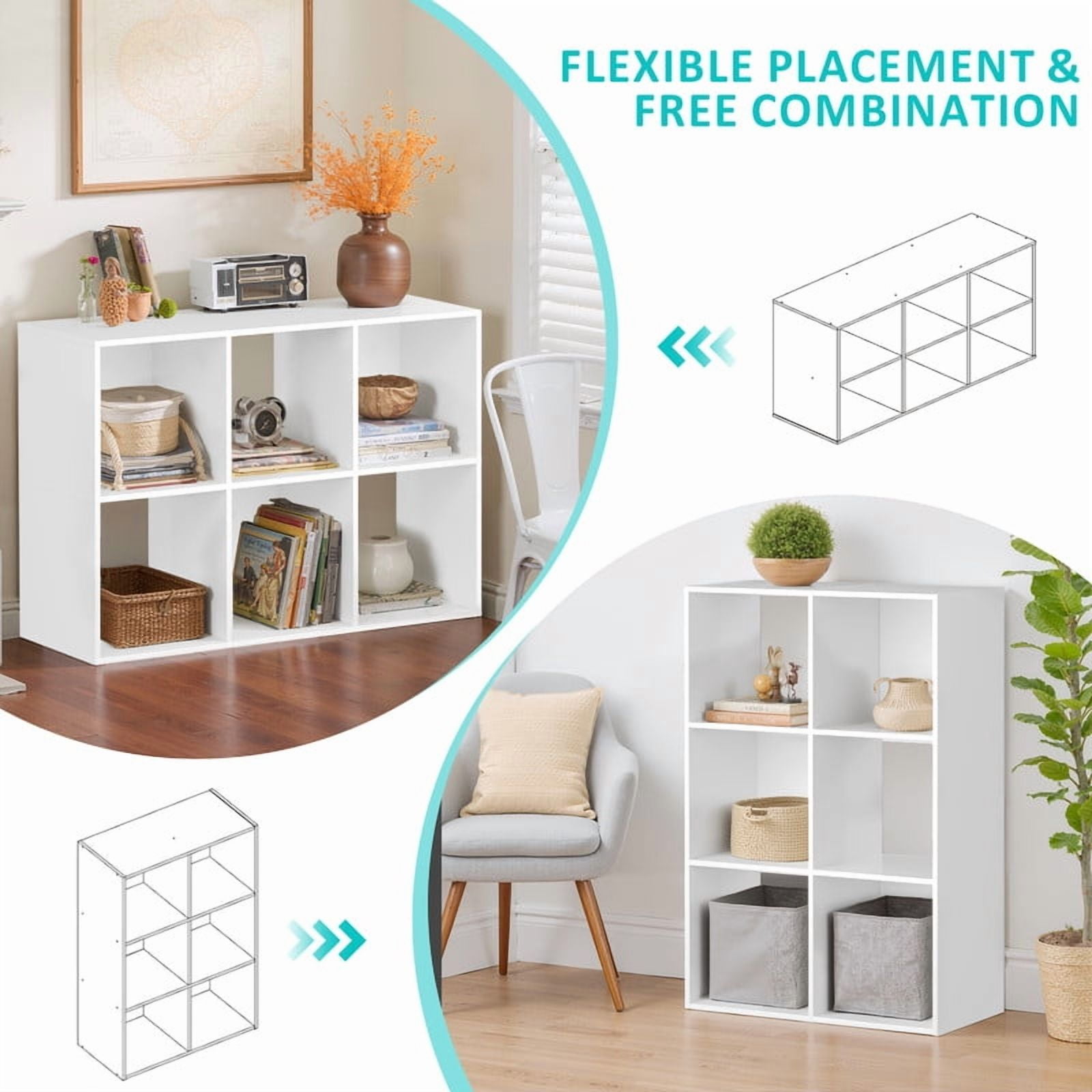 Beddle 6-Cube Storage Organizer, Open Bookshelf with Removable Back Panels, White Wood Bookcase for Living Room, Bedroom and Home Office