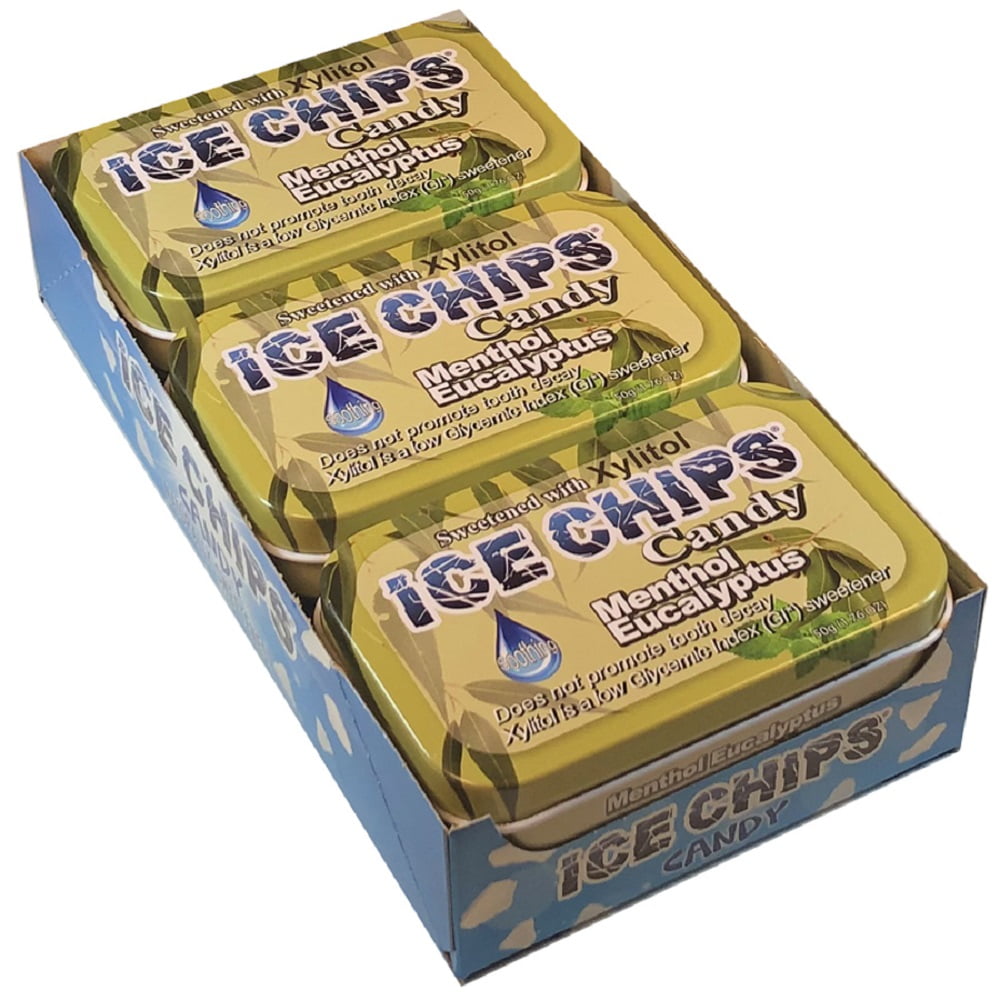 ICE CHIPS Xylitol Candy, Menthol Eucalyptus (6 Tins)