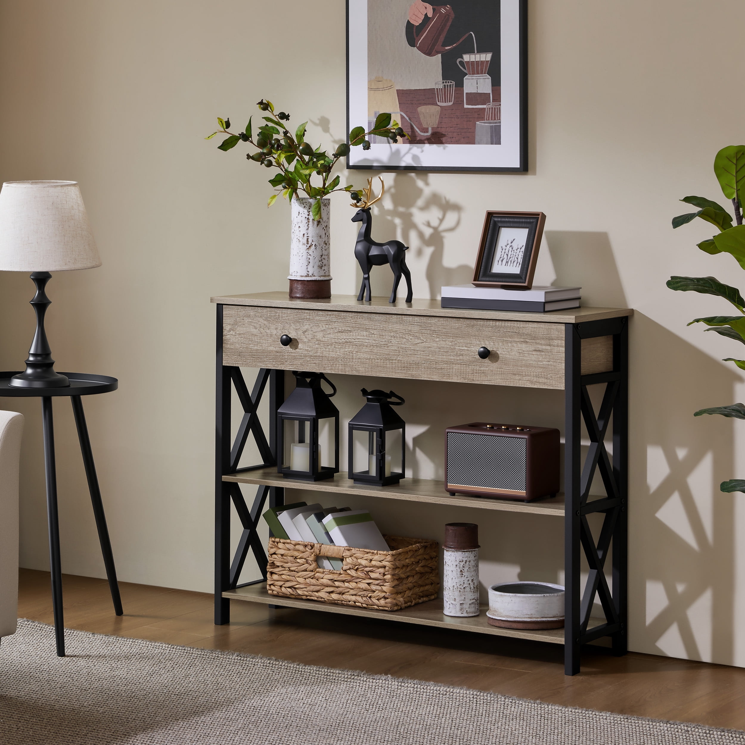 Alden Design Wood and Iron Console Table, 1 Drawers and 2 Shelves, Rustic Gray with Dark Frame