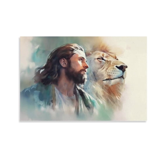 Jesus Christ Wall Art Jesus And The Lion of Judah Jesus Watercolor Print Poster Artworks Picture Print Poster Wall Art Painting Canvas Gift Decor Home Posters Decorative 20x30inch(50x75cm)