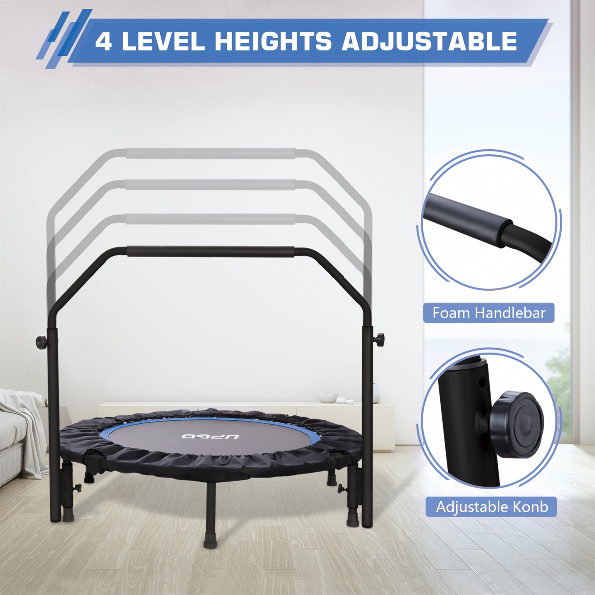 48" Foldable Mini Trampoline Max Load 450lbs, Fitness Rebounder with Adjustable Foam Handle, Exercise Trampoline for Adults/Kids Indoor/Garden Workout