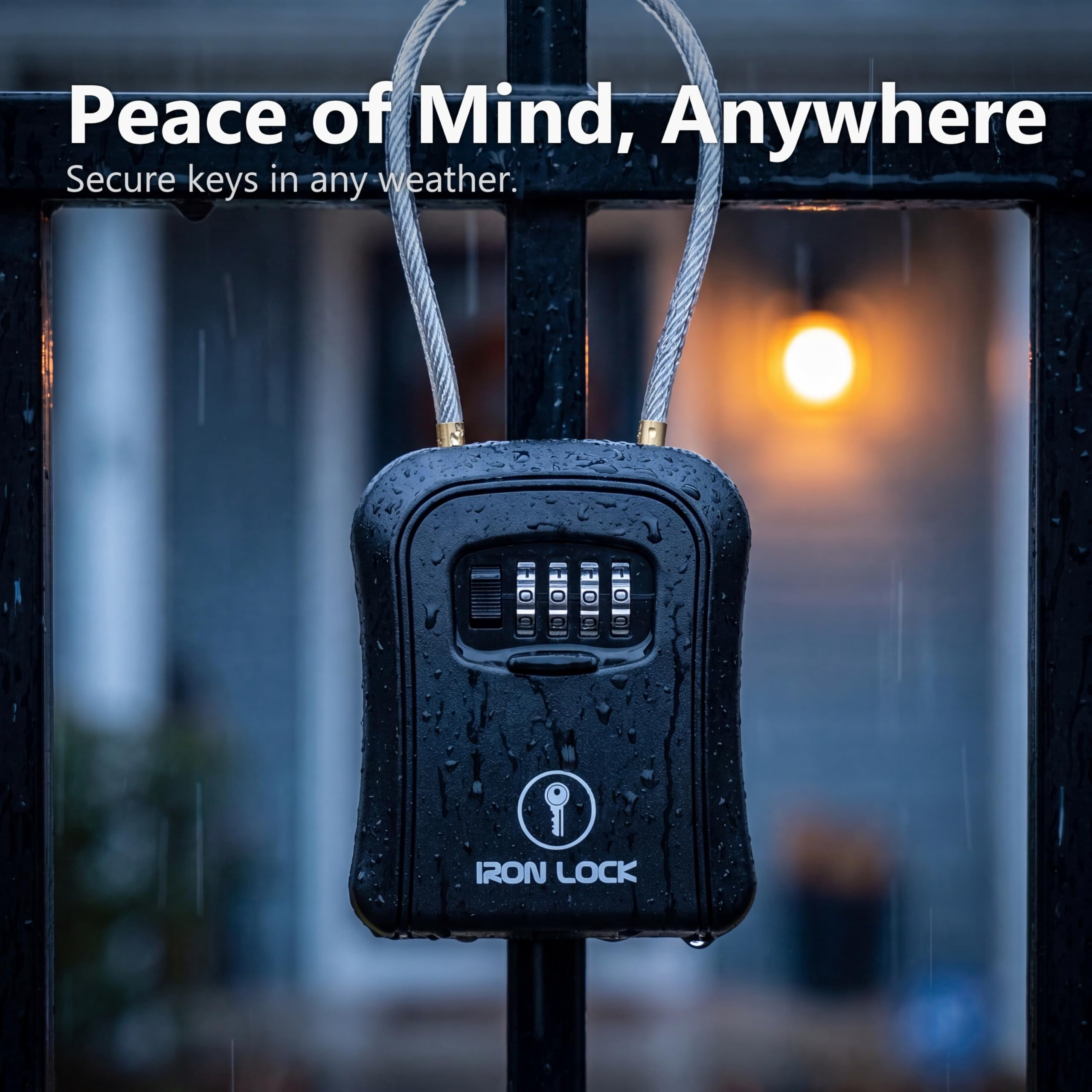 Iron Lock® Key Lock Box Portable with Cable Shackle & Wall Mount – Waterproof Metal Lock Box for Keys with 4-Digit Combination & Resettable Code – Indoor/Outdoor Key Safe (Black, Medium)