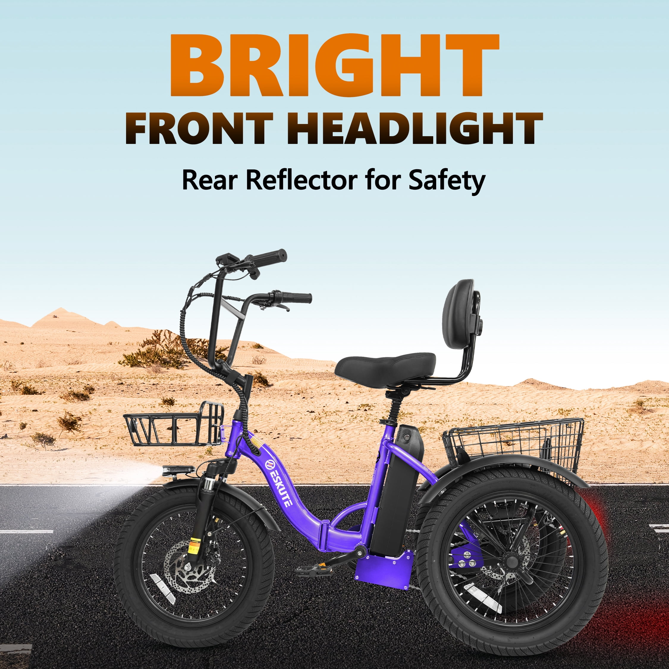 ESKUTE Purple E Trike Electric Bike, Peak 1200W Brushless Motor Folding Trike 18X3.0 Fat Tire Ebike, 499Wh Removable Battery, Step-Thru 3 Wheel Electric Bicycle, 48V 13AH 18MPH+ Tricycle for Adults