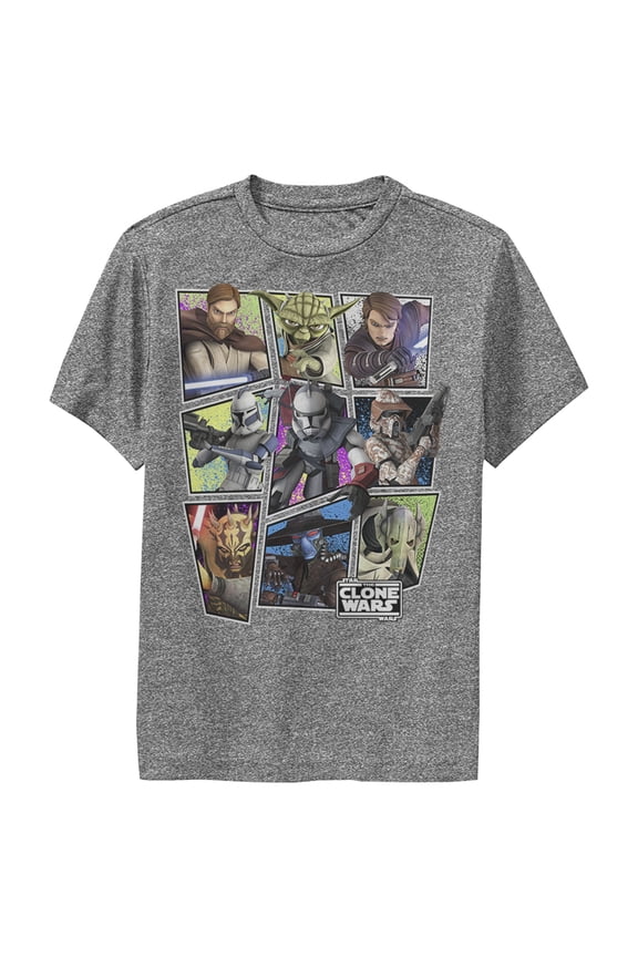 Boy's Star Wars: The Clone Wars Square Group Photos Performance Graphic Tee Charcoal Heather Large